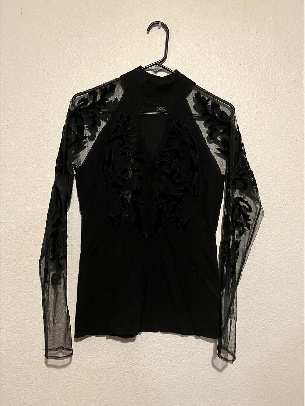 INC International Concepts Black Sheer Mesh Sleeve Top with Velvet Detail size L
